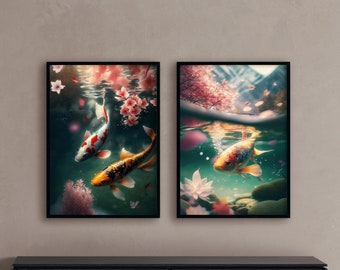 2 koi fish wall art Japanese lake scenes print oriental nature enthusiasts wall art east asian Serene lake painting koi fish in a pond