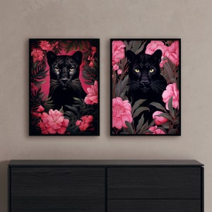 2 black panther illustrations with exotic pink flowers lush floral setting black panther Pink flower decor Panther and flowers art