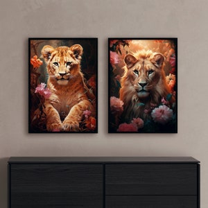 Lion cub and father in tropical jungle Tropical flowers and lion Exotic jungle landscapes floral paradise (SET OF 2) - Print art