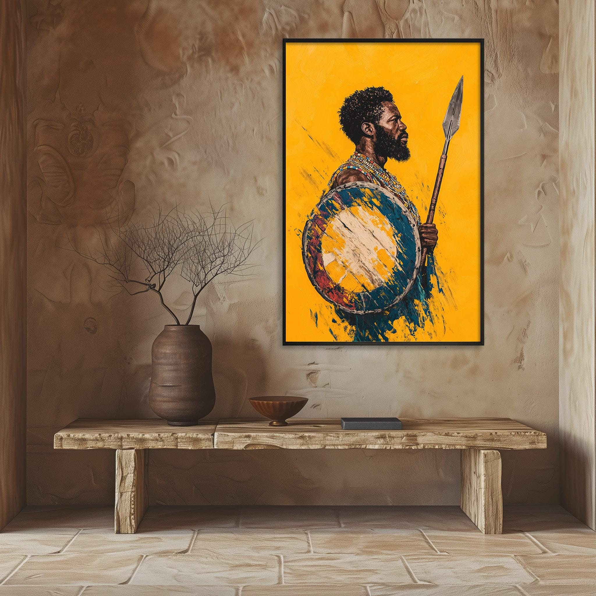 Zulu Warrior Wall Art Tribal African Print Spear and Shield Decor