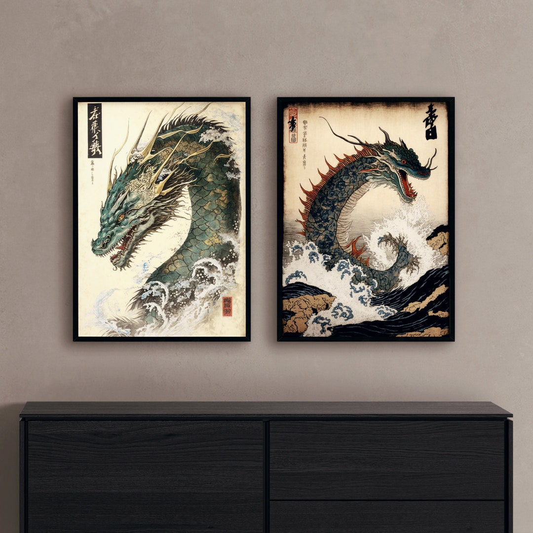 Two Chinese Dragon Wall Art Minimalist Ukiyo Dragon for Home Decor Dragon Art Print SET OF 2