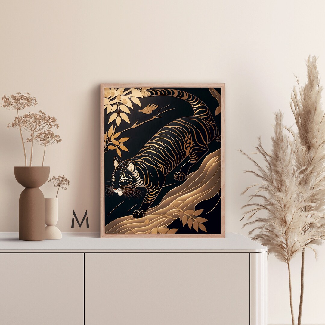Japanese Tiger Wall Art Black and Gold Tiger Canvas Asian-inspired Wall