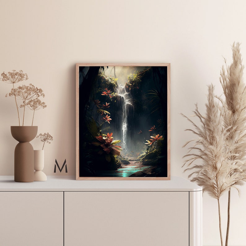 Tropical Waterfall Wall Art Waterfall Canvas Painting Tropical Etsy