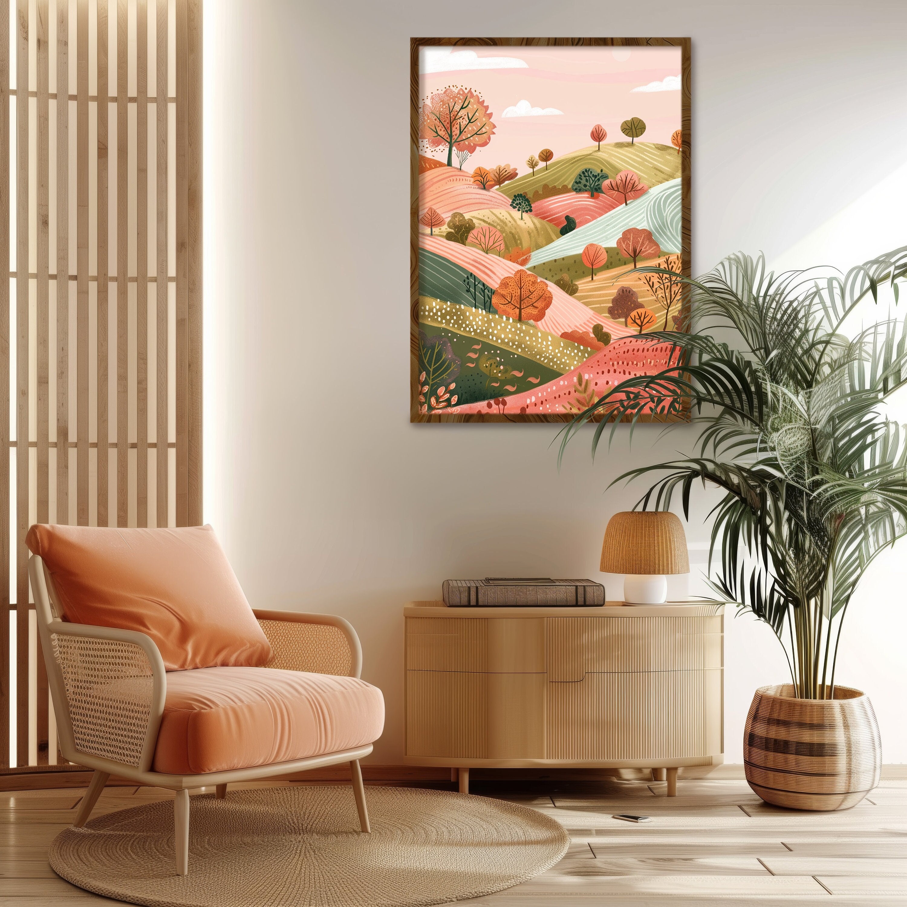Maximalist style pink landscape painting boho sunny hills wall art home decoration Vibrant design pink landscape Pastel colour art