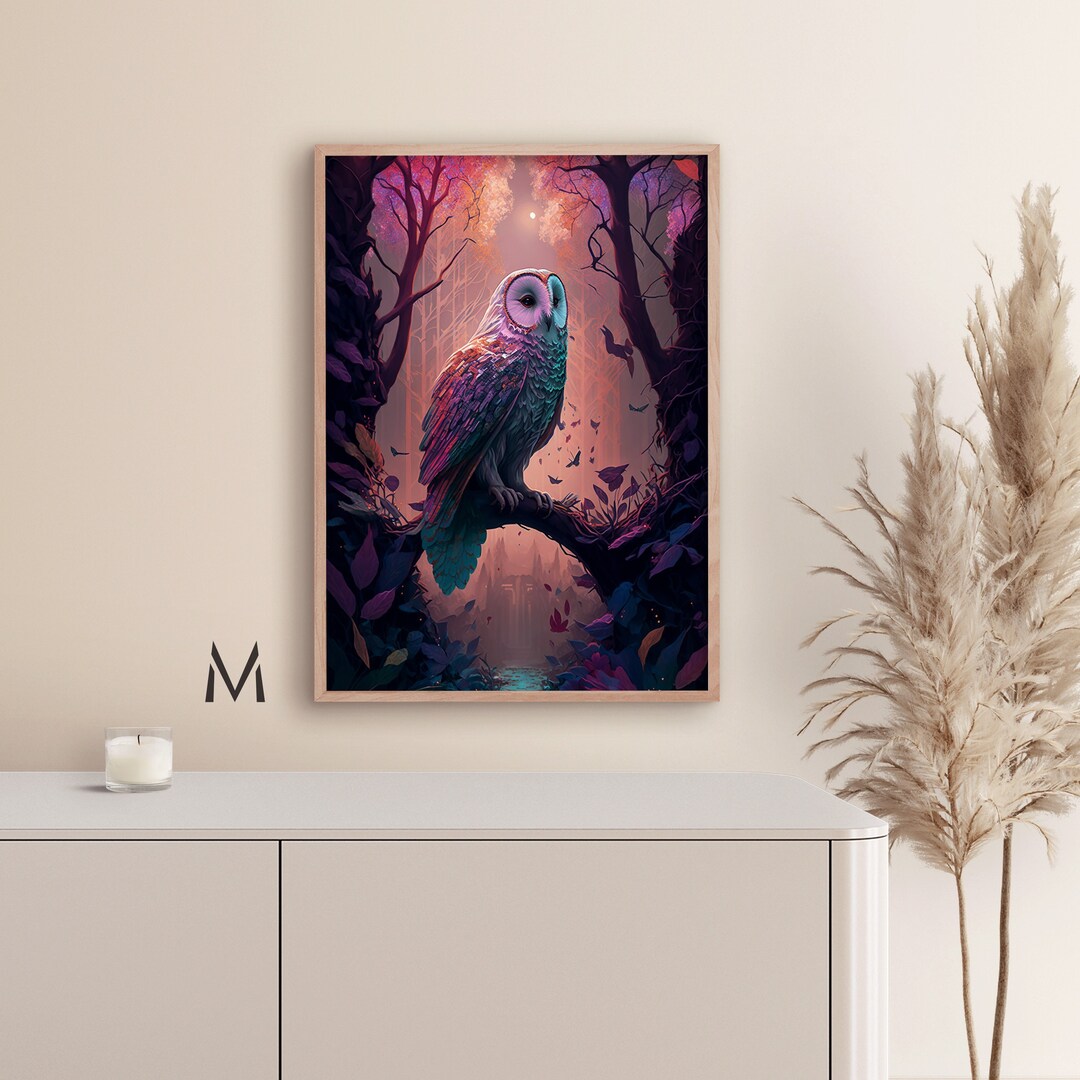 Owl in a Magical Forest Painting Tropical Rainforest Wall Art Exotic ...