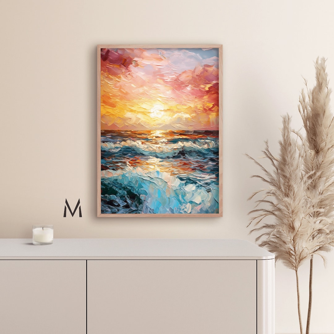 Ocean Waves Painting Sunset Sea Art Seascape Oil Painting Coastal