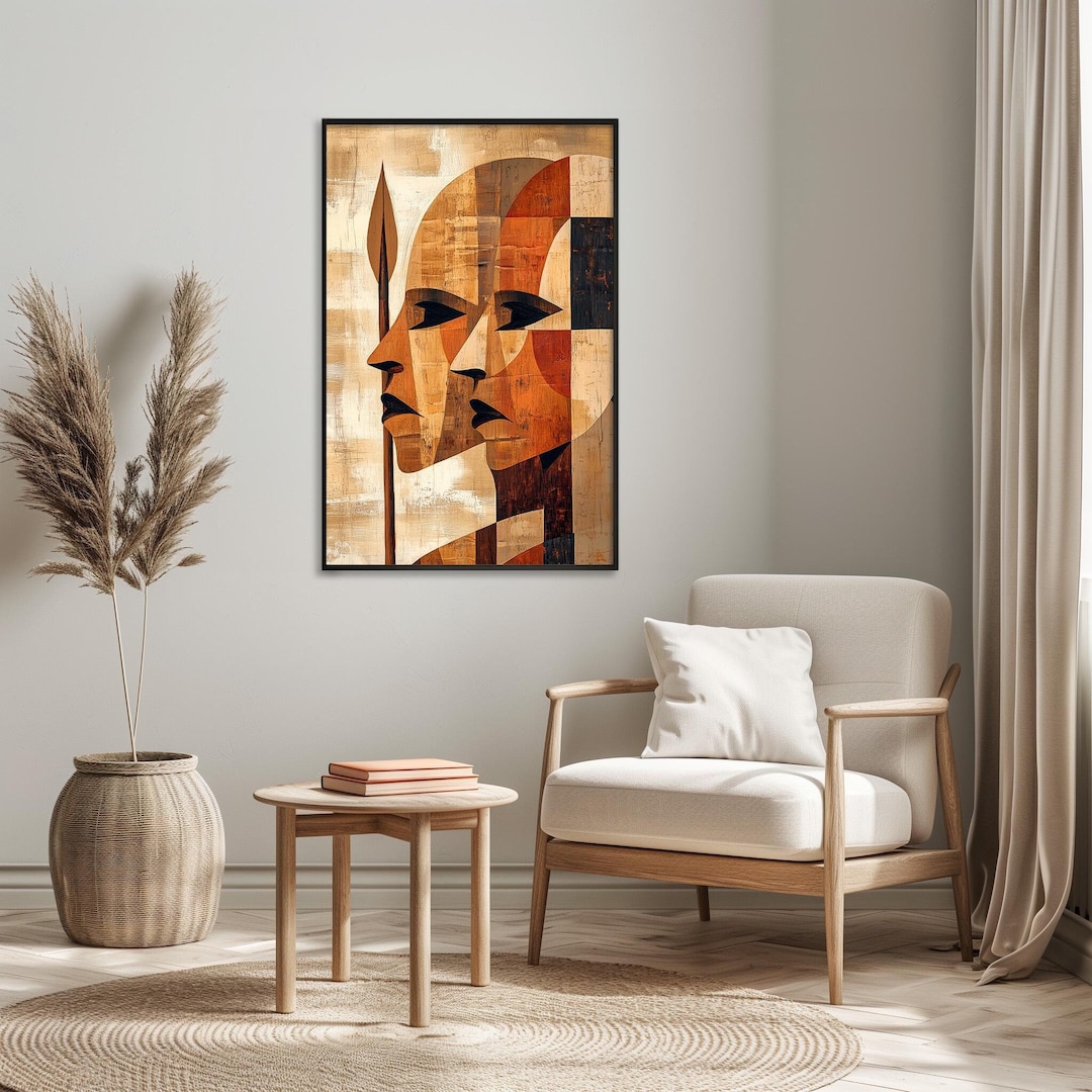 アースカラーの抽象的なマサイ族の戦士の絵画 ケニアの部族芸術 槍の