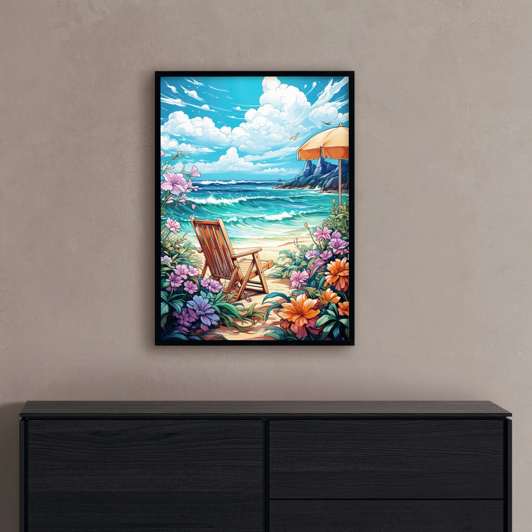 Tropical Beach Painting Beach Chair Artwork Seaside Scenery Etsy
