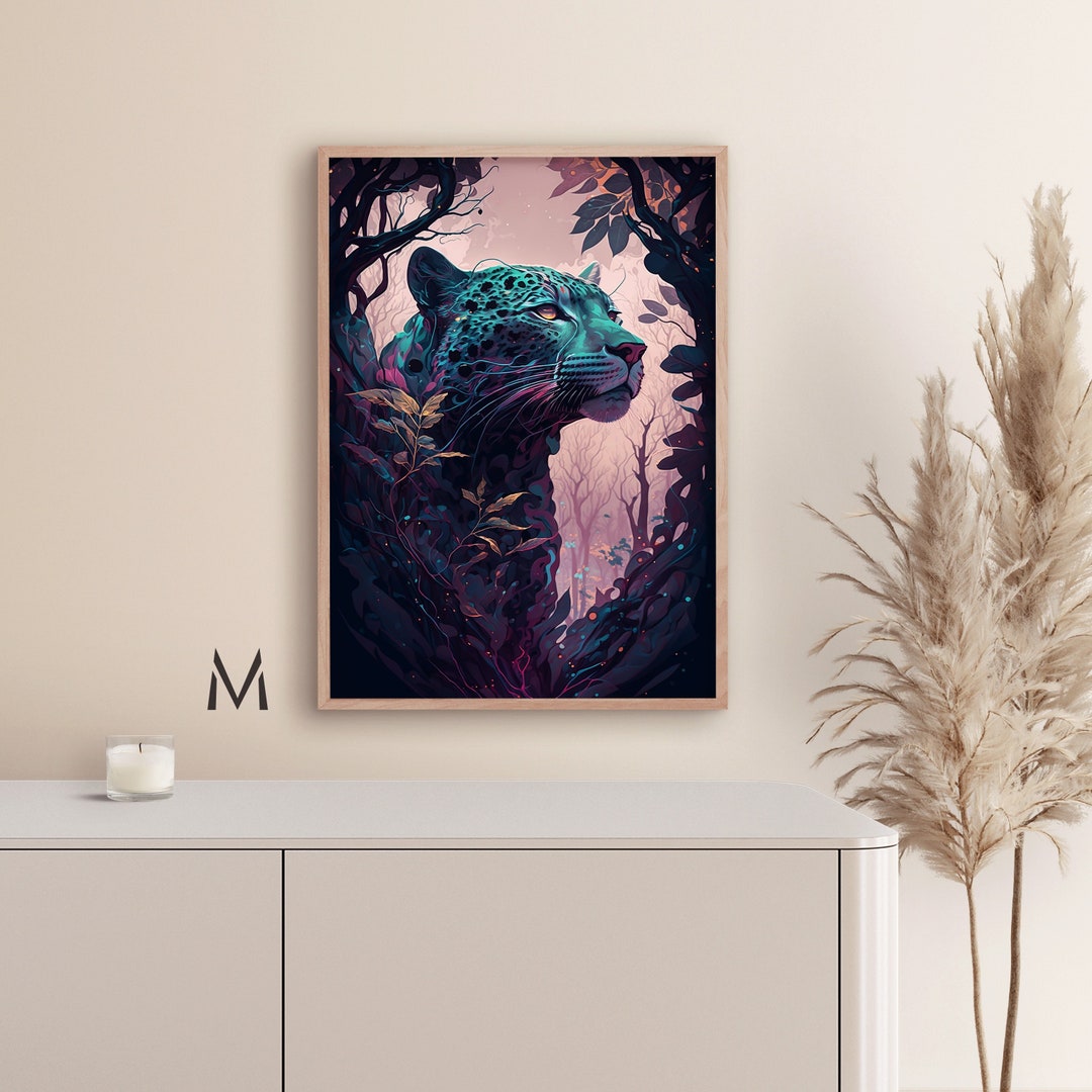 Jaguar in a Magical Forest Painting Tropical Rainforest Wall Art Exotic