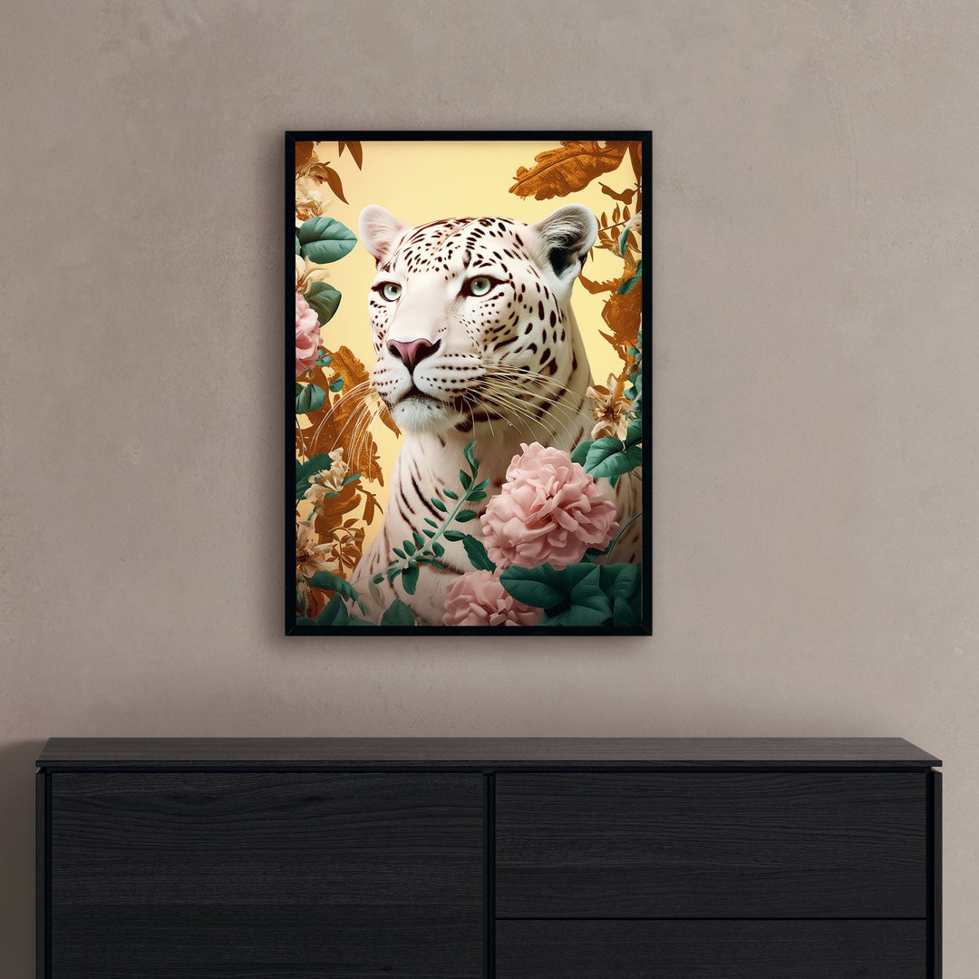 Luxurious White Jaguar Painting Majestic Wildlife Artwork, Highend