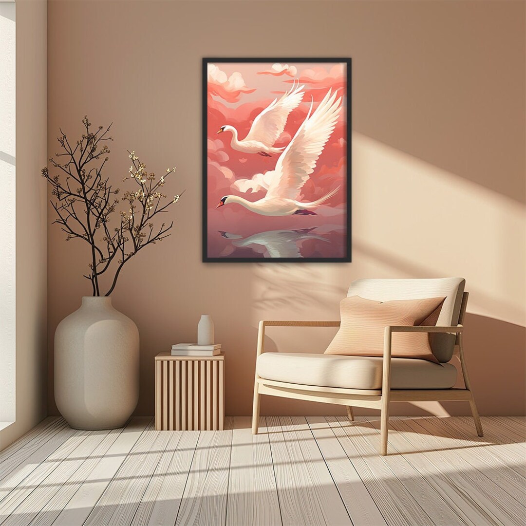Pair of Swans Wall Art Print for Elegant Home Decor Romantic Swan Lake Elegant Swan Couple Two
