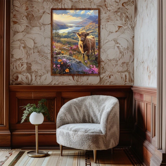 Oil painting Scottish highland cow art painting of a highland cow nature-inspired home decor peaceful ambiance rural Scotland
