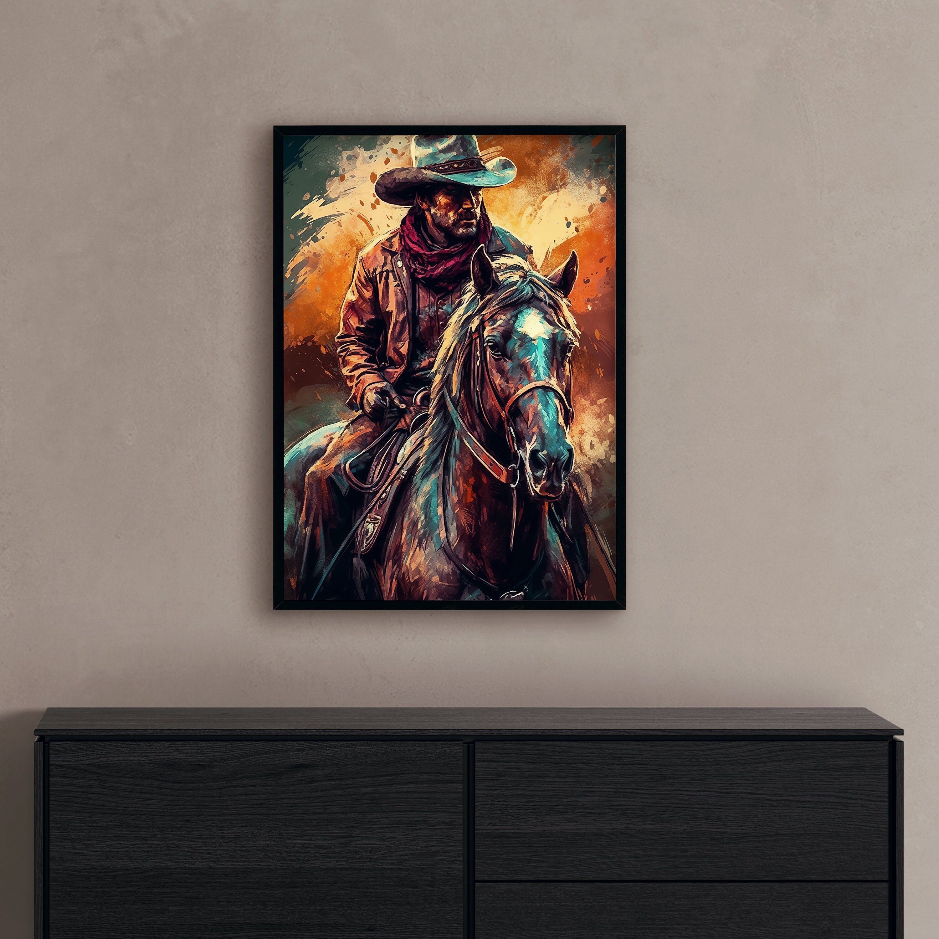 Cowboy painting Western landscape painting Cowboy wall art Scenic artwork Western decor Cowboy and horse painting - Print art