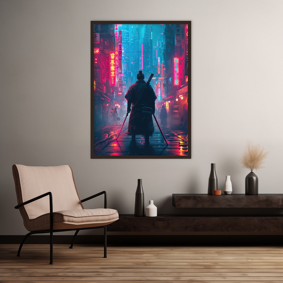 Ancient Japanese Warrior in a Neon-lit Cityscape Painting Striking ...