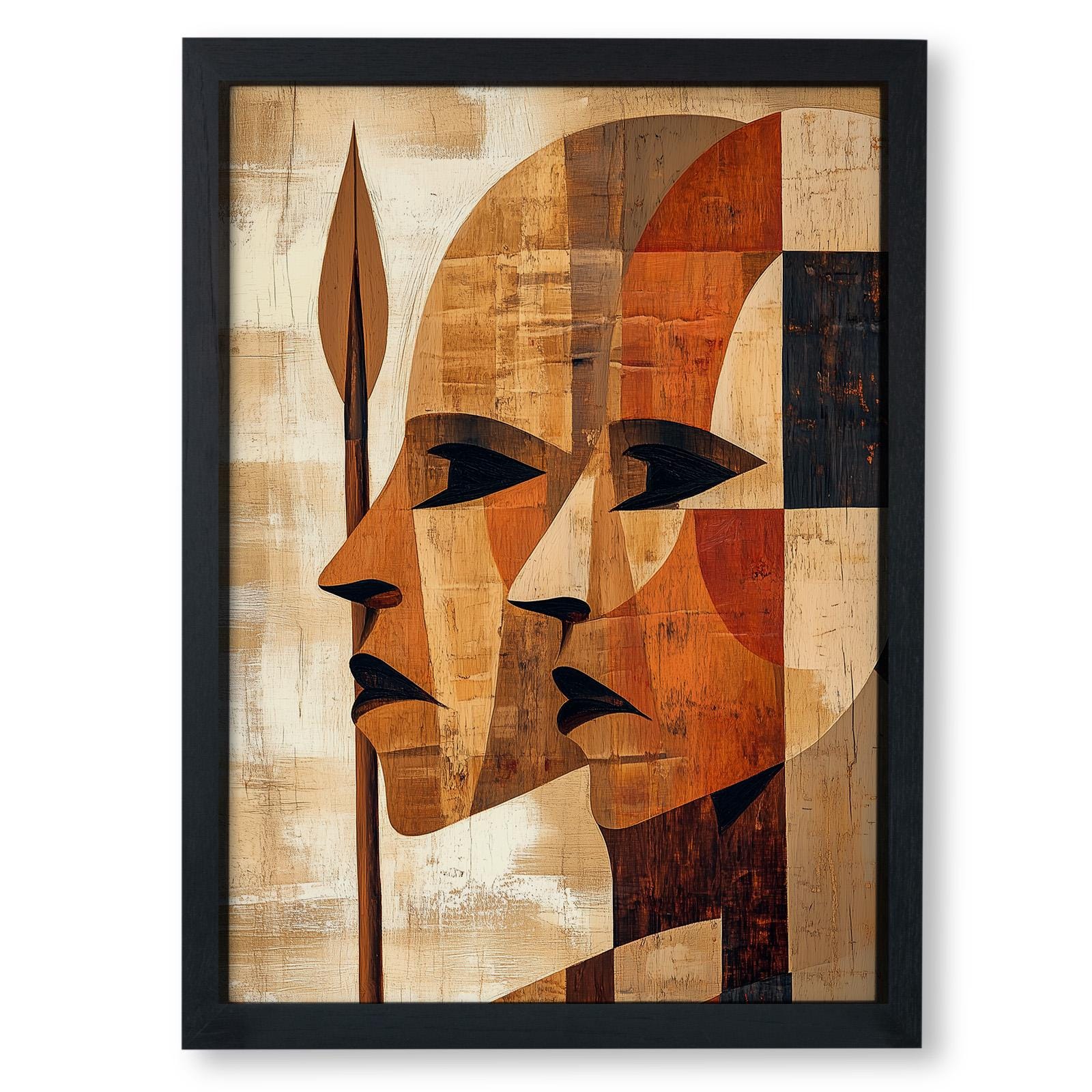 アースカラーの抽象的なマサイ族の戦士の絵画 ケニアの部族芸術 槍の