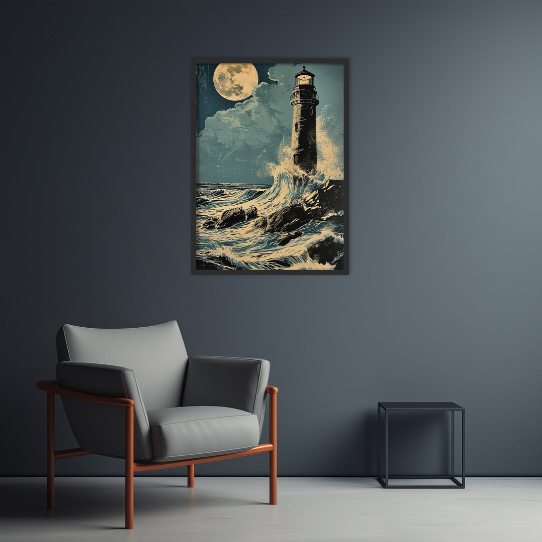 Stormy Sea Lighthouse Painting Lino Style Artwork Nautical Masterpiece ...