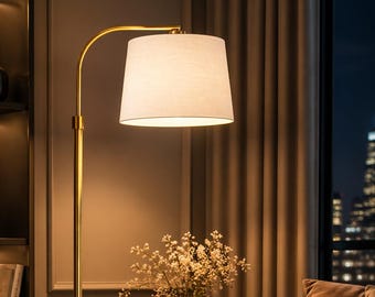 Gold Floor Lamp, Modern Fabric Shade, Cozy Reading Light, Luxury Home Decor