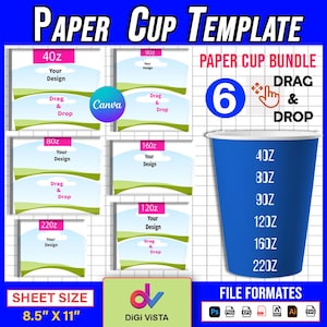 6 Pappbecher Wrappe Vorlage, Papierkaffeetasse Vorlage, Pappbecher Wrap SVG, leere Kaffeetasse, Canva bearbeitbar 4 Unzen - 8 Unzen - 9 Unzen - 12 Unzen - 16 Unzen - 22 Unzen