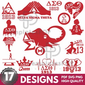 May include: A collection of 17 red designs featuring the Greek letters Delta, Sigma, and Theta, along with the year 1913. Designs include an elephant, hands forming a triangle, a heart, and a crown. Text includes "Delta Sigma Theta", "Queen", and "Designs".