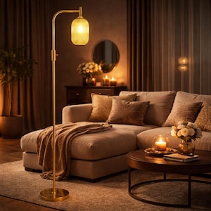 May include: A gold floor lamp with a ribbed, yellow glass shade illuminates a cozy living room. A beige sectional sofa, a round coffee table, and a soft throw blanket complete the warm, inviting space. Candles and flowers add to the ambiance.