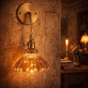 May include: A vintage-style wall sconce with a brass finish. The fixture features a round backplate, a curved arm, and a decorative amber-colored glass shade. The light is illuminated, casting a warm glow.