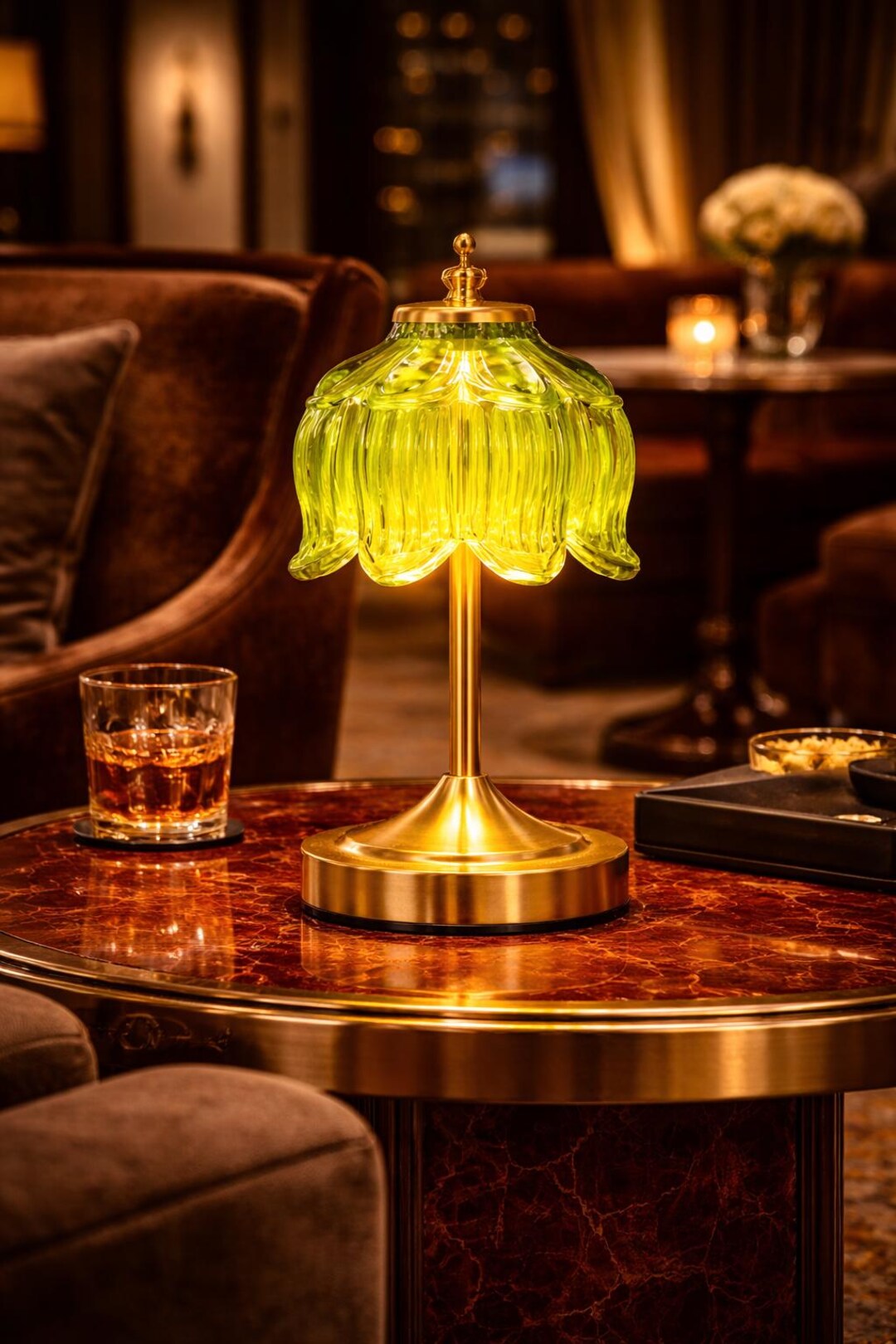 Gold Table Lamp, Ribbed Green Glass Shade, Cozy Ambient Light, Modern ...