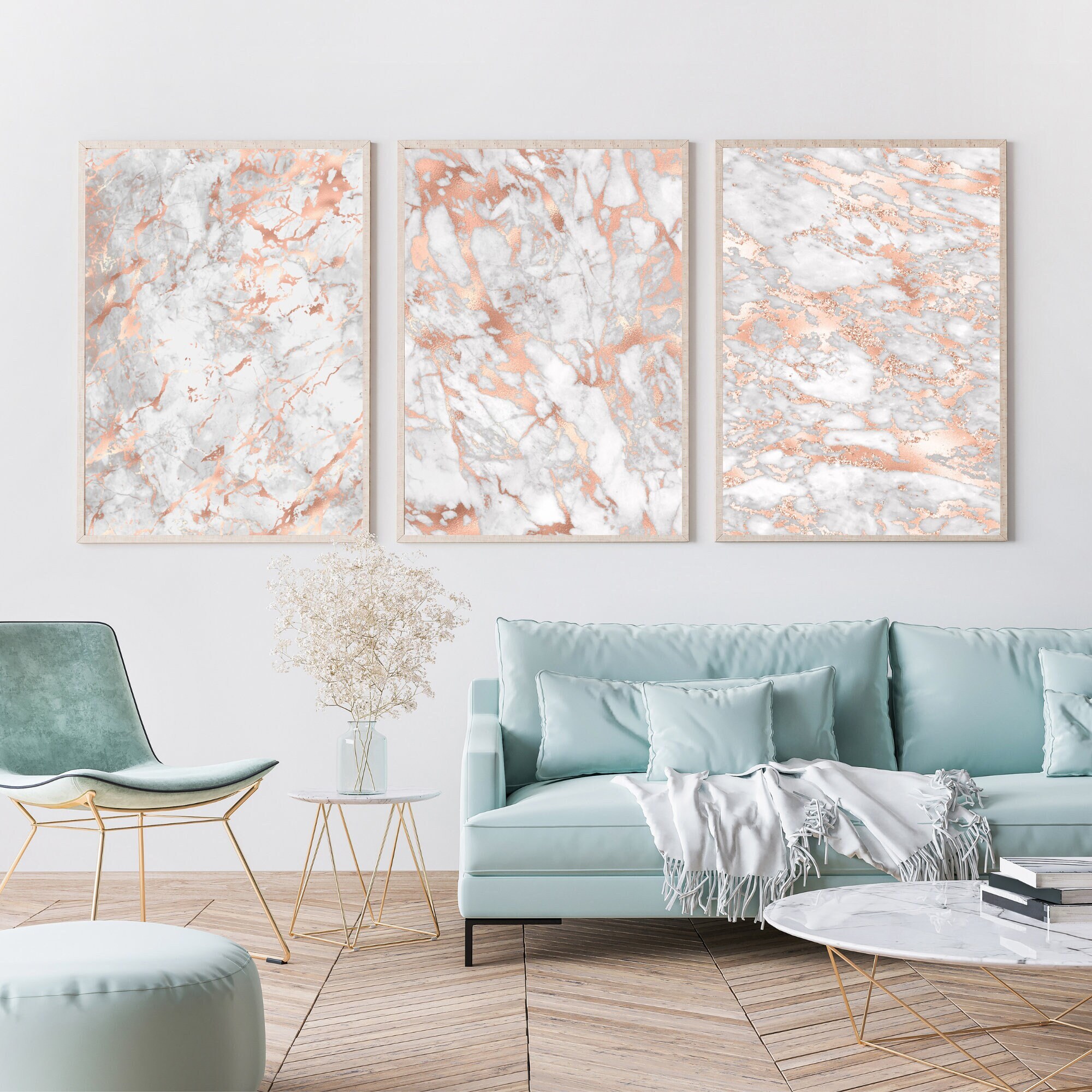 3 Piece Rose Gold Marble Print Art L Rose Gold Wall Art Prints L Pink