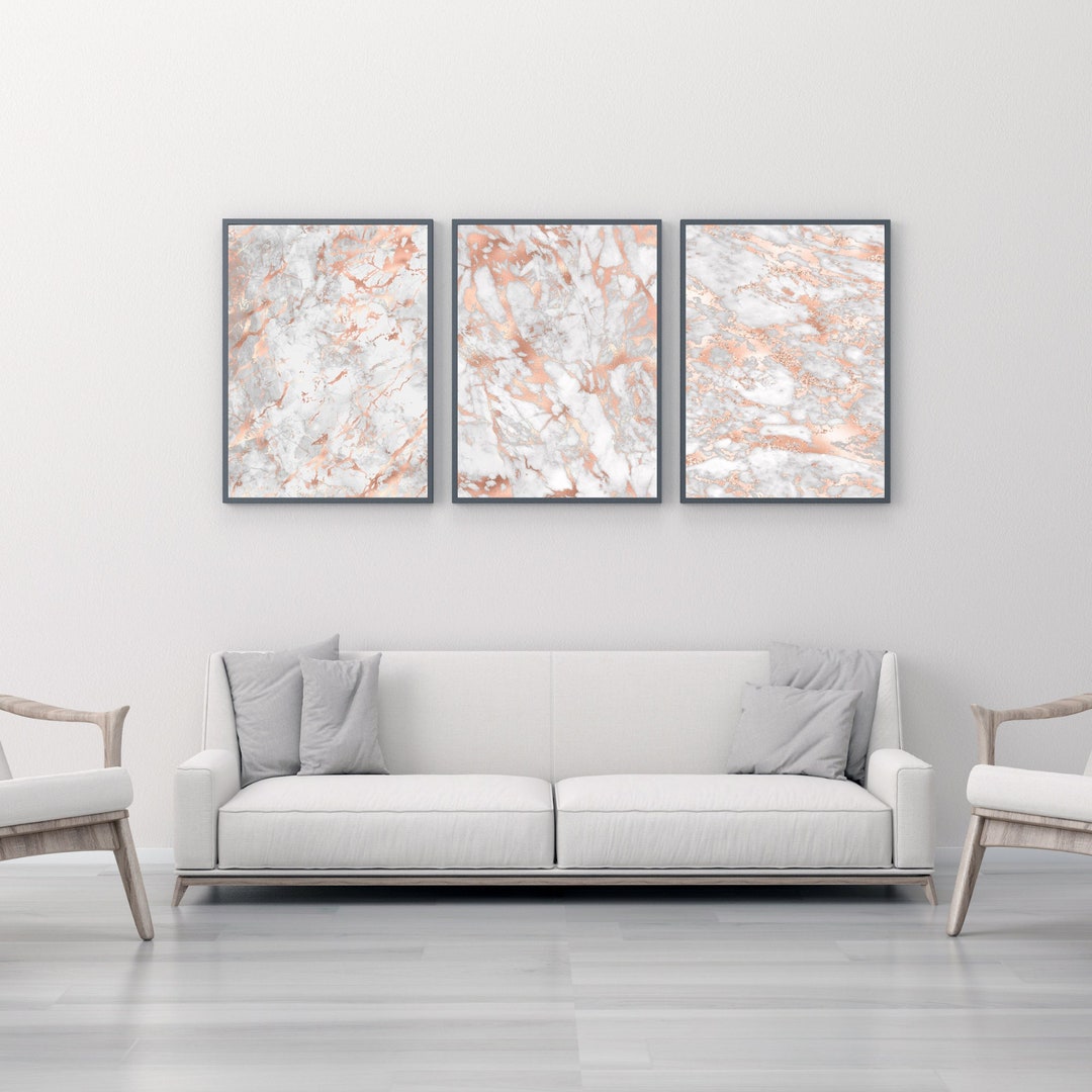 3 Piece Rose Gold Marble Print Art L Rose Gold Wall Art Prints L Pink ...