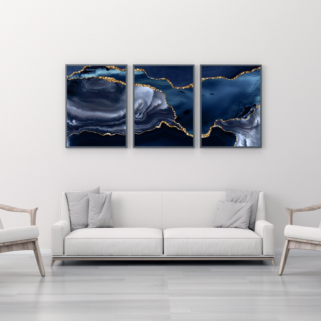 3 Piece Navy Blue Marble Wall Art Print Set L Navy Blue Wall Etsy Australia