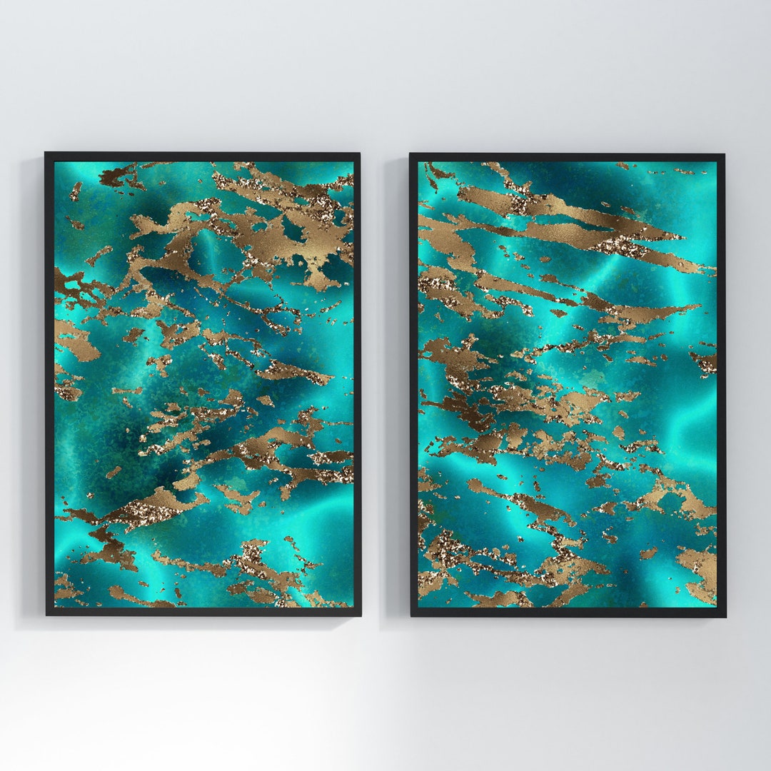 Turquoise Gold Wall Art Print Set L Marble Wall Art Prints L Office Art L Living Room Art L