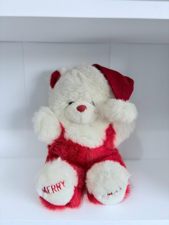 Vintage 90s 'merry Xmas' Teddy Bear | Red Santa Hat Holiday Decor
