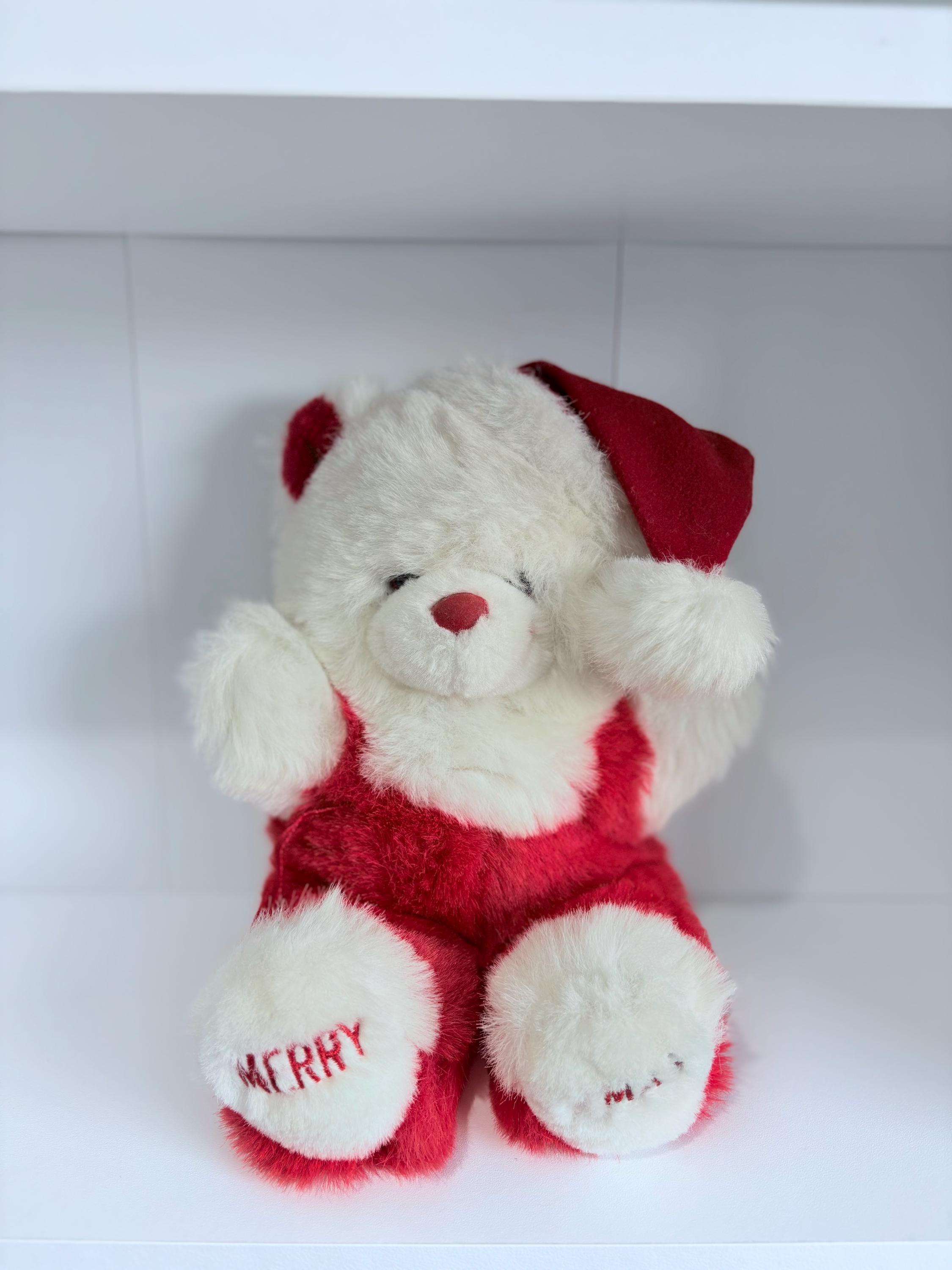 オールドサンタ、レッドテディベア Vintage 90s 'merry Xmas' Teddy Bear | Red Santa Hat Holiday Decor