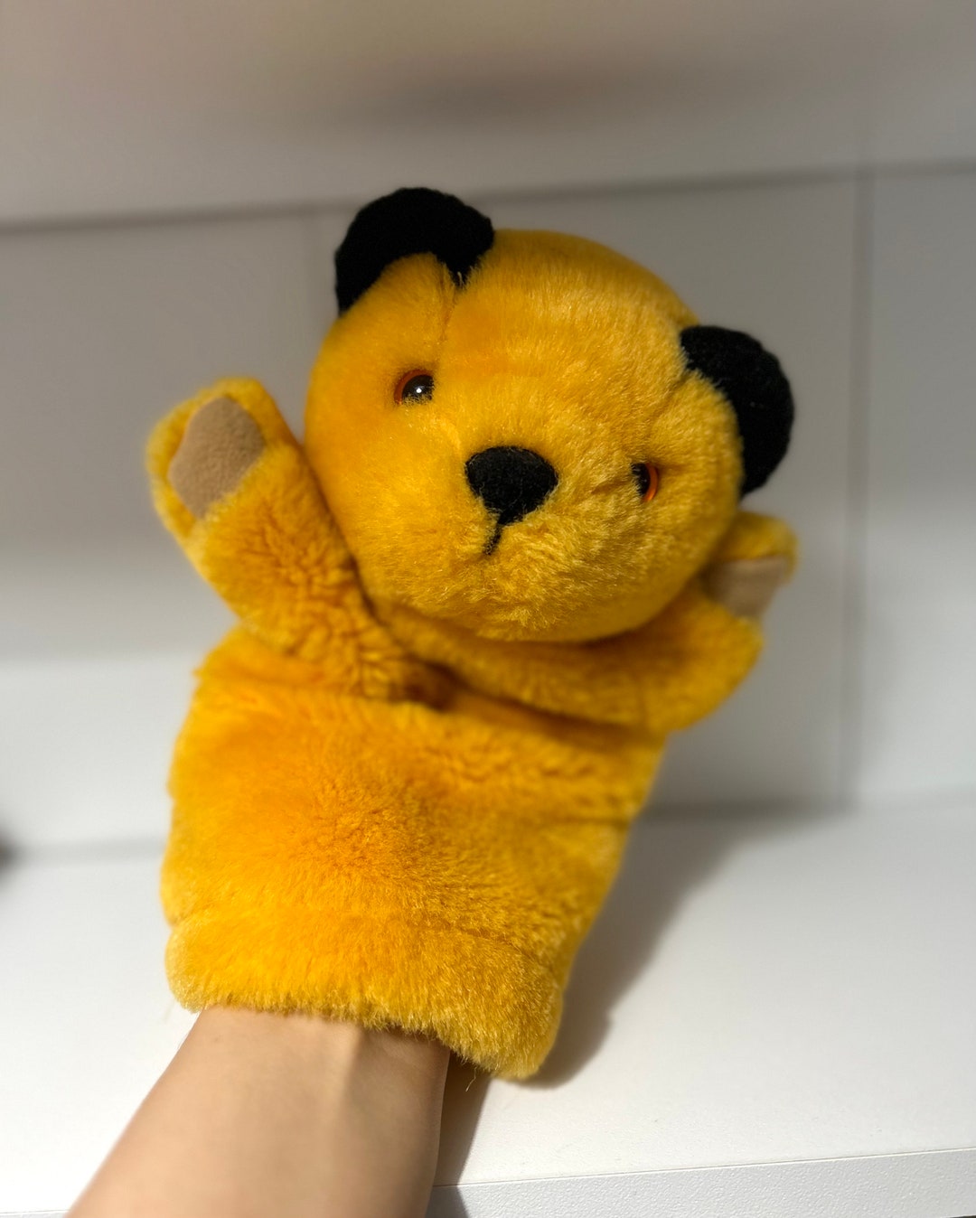 Vintage Yellow Sooty the Bear Hand Puppet Plush Soft Toy BBC Childrens Show 1990 Sooty & Sweep