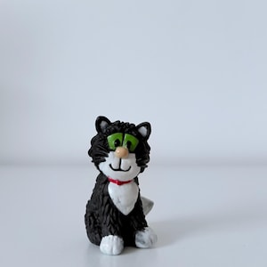 May include: A small, black and white cat figurine with green eyes and a red collar. The cat has a fluffy appearance and is sitting upright. The figurine has a white chest and paws, and a small, white tail.