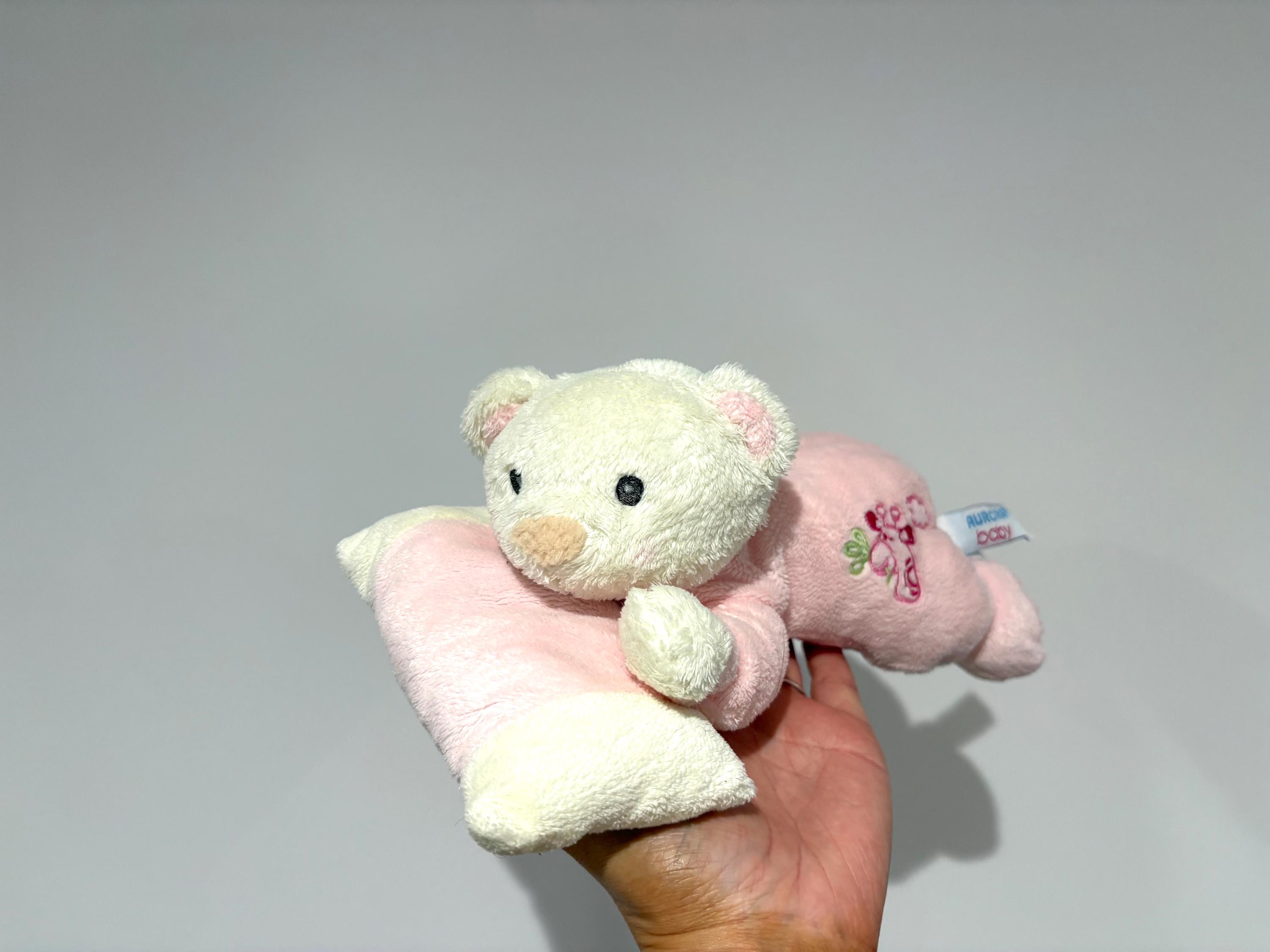 Vintage Baby Aurora White Teddy Bear Pink Romper on Pillow | Plush