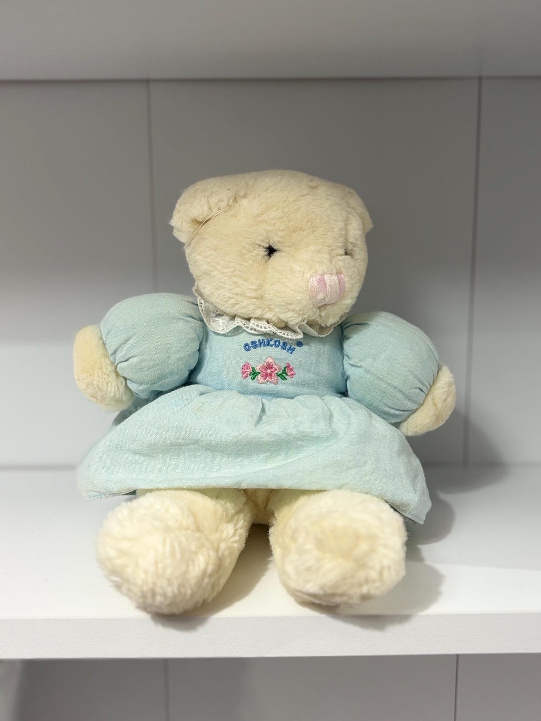 Vintage Oshkosh White Cream Teddy Bear in Blue Dress Plush Soft