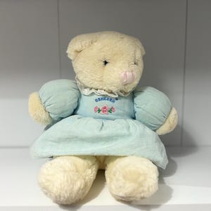 Vintage Oshkosh white cream teddy bear in blue dress plush soft toy | 1980s rare plushie  retro collectable bear childhood toy