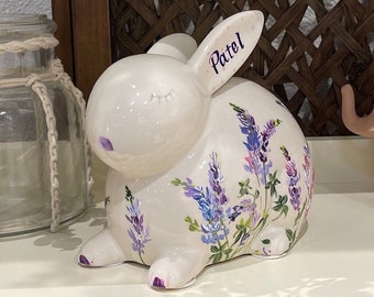 Hand Painted Piggy Bank, Personalized Bunny Bank, nursery decor, keepsake, savings toy, 1st birthday gift, baby shower gift, baby’s 1st bank