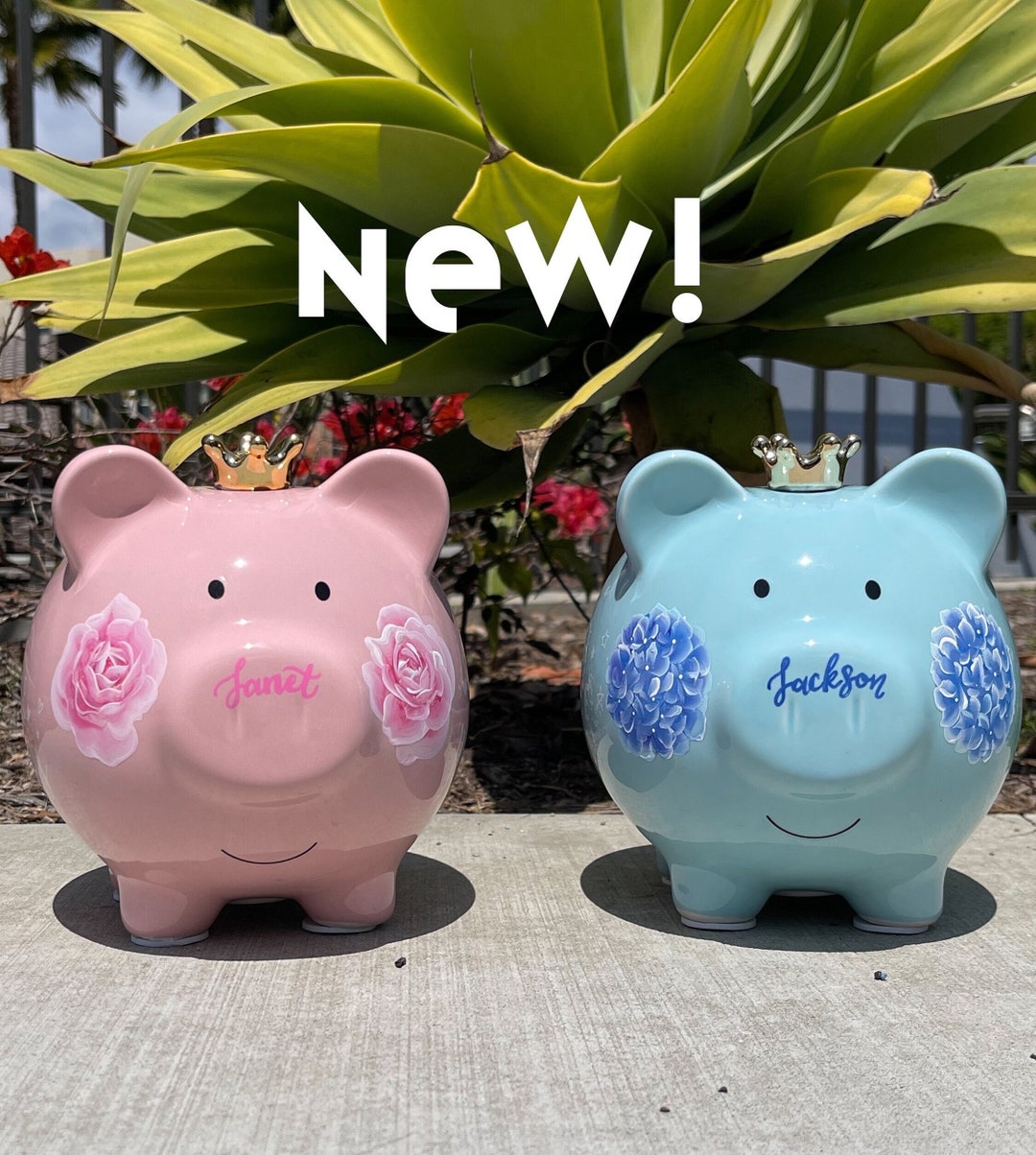 Piggy Banks for Boys and Girls, Hand Painted, Roses, Hydrangeas