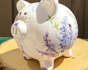 Hand-Painted Piggy Bank: Lavender Field, Keepsake, Nursery Decor, Unique Baby Gift