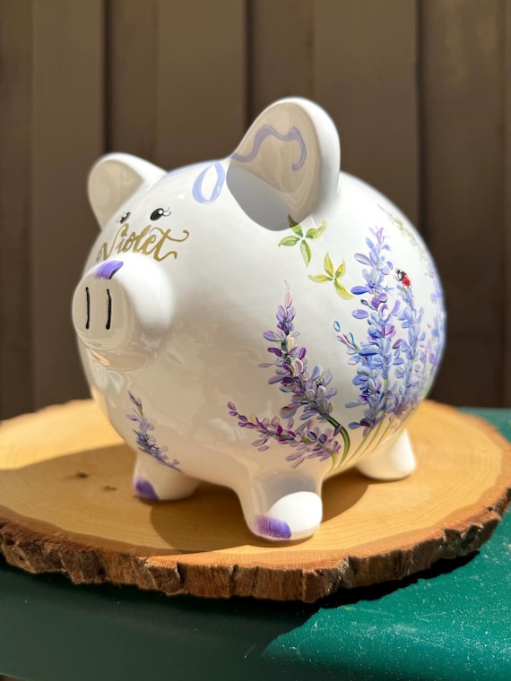 Hand-Painted Piggy Bank: Lavender Field, Keepsake, Nursery Decor, Unique Baby Gift