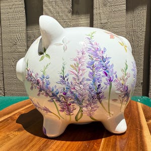 Hand Painted Piggy Bank, in Lavender Field, Heirloom, Keepsake, Savings toy, Nursery Decor, baby shower gift, 1st bank,Free Shipping