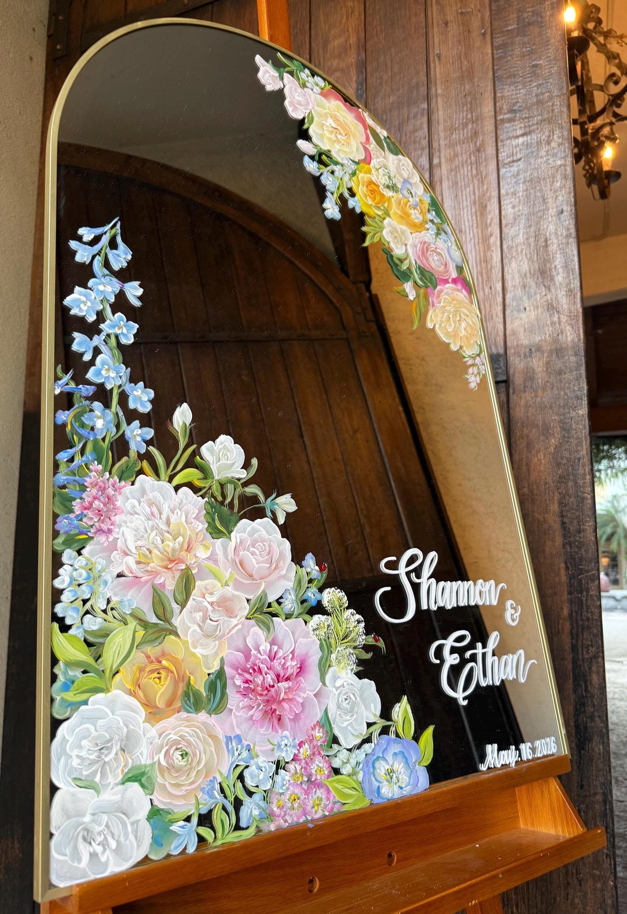 LARGE Hand Painted Floral Wedding Mirror Welcome Sign, Custom