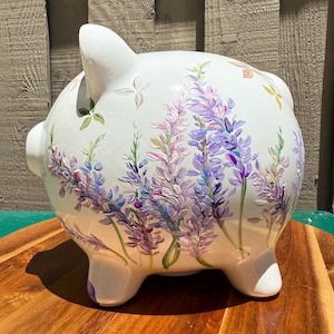 Hand Painted Piggy Bank, in Lavender Field, Nursery decor, Keepsakes, savings toy, baby shower gift, 1st bank,Free Shipping