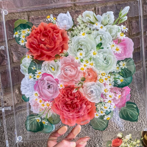 Wedding Bouquet Painting Tray, Hand painted, custom flower painting,  12” acrylic tray, One of a kind Anniversary gift, Family Birth Flowers