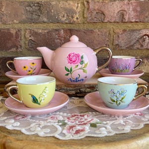 Classic Hand-Painted Botanical Hand-Glazed Porcelain Child’s Tea Party Set, Heirloom, Keepsake, Personalized Pretend Toy