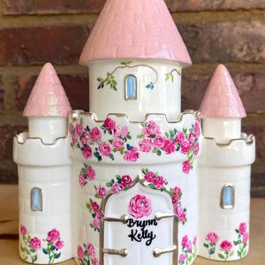 Classic Princess Castle Bank, Bathed by Hand-painted Roses, Personalized, Savings Toy, Keepsake, nursery decor, birthday, baby shower gift