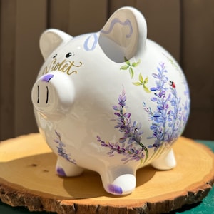 Hand-Painted Piggy Bank: Lavender Field, Keepsake, Nursery Decor, Unique Baby Gift