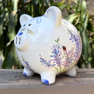 Hand-Painted Piggy Bank: Lavender Field Nursery Decor