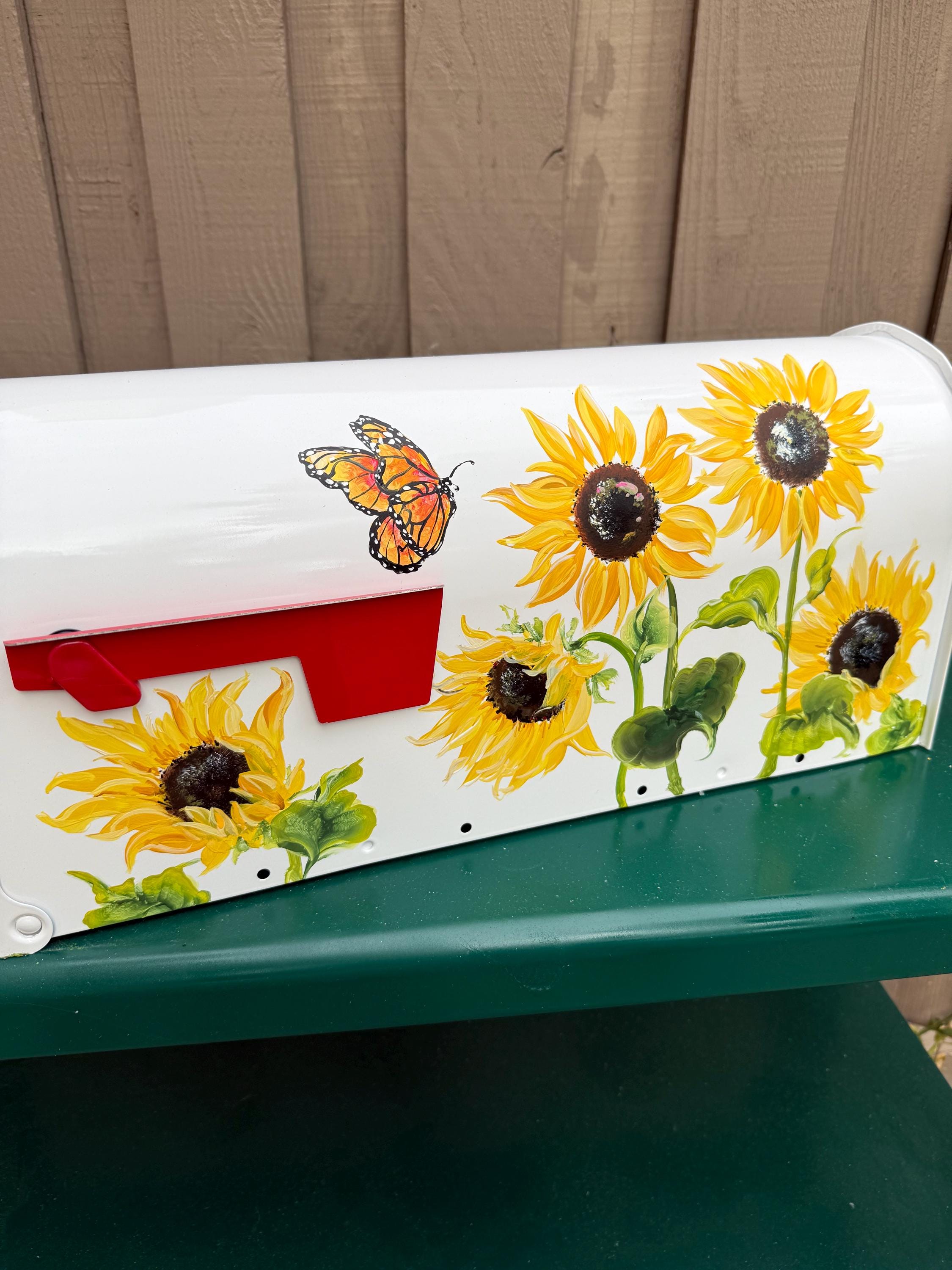 Hand-Painted Sunflower Mailbox: Monarch Butterfly, Personalized Custom Art